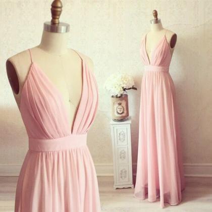 Pink Prom Dress,deep V Neck Prom Dress,spaghetti..