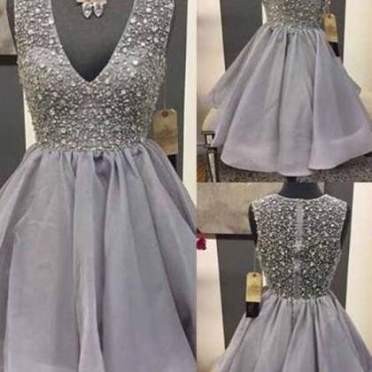 Grey Prom Dress,beaded Prom Dress,mini Prom..