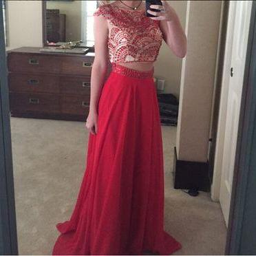 Two Pieces Prom Dress,beaded Prom Dress,red Prom..