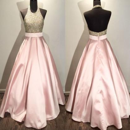 Halter Prom Dress,pink Prom Dress,beaded Prom..