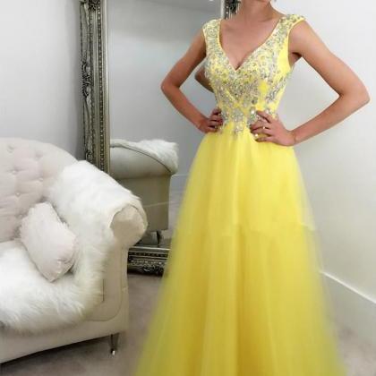 Yellow Prom Dresses,v Neck Dress,cap Sleeves..