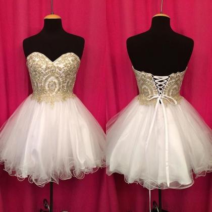 Homecoming Dresses,gold Lace Appliques Sweetheart..