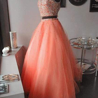 Prom Dress,modest Prom Dress,coral Pink Two Piece..
