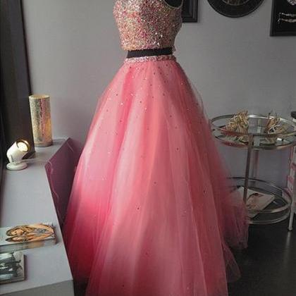 Prom Dress,modest Prom Dress,coral Pink Two Piece..