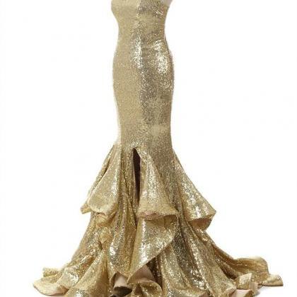 Gold Sequins Long Prom Dresses With Ruffles ,2017..