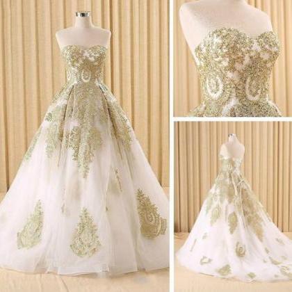 Elegant White And Gold Lace Prom Dresses,ball Gown..