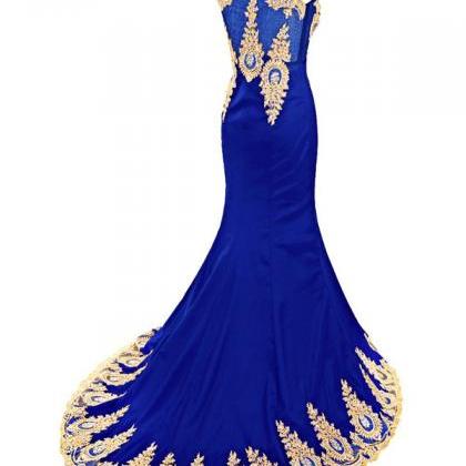 Prom Gown,pretty Royal Golden Illusion Scoop Neck..