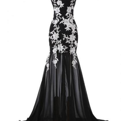 Off Shoulder Black Chiffon Prom Dress With White..