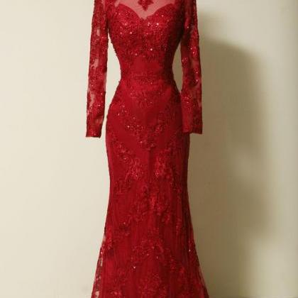Elegant Long Sleeves Red Lace Mermaid Prom Dress..