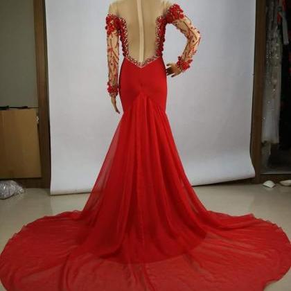 Sexy Red Long Sleeve Sequins High Neck Prom Dress with Fur