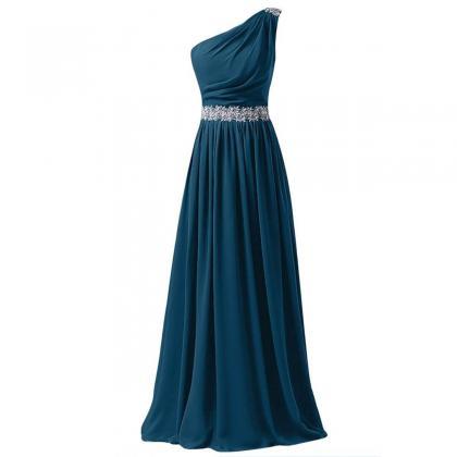 Sequins One Shoulder Steel Blue Prom Dress, Beaded..