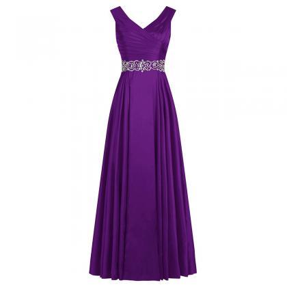 Vintage Purple Pleats Long Prom Dress, V Neck..