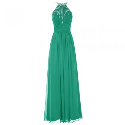 Light Green Crystal Beaded Jewel Neck Prom Dress,..