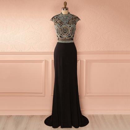 Jewel Neck Cap Sleeves Long Prom Dress, Lace..