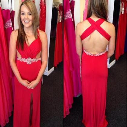 Red Low Back Long Chiffon Prom Dres..