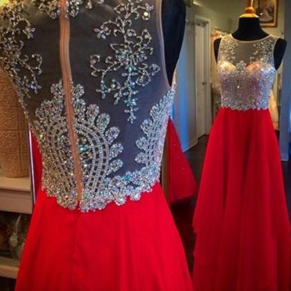 Red Sleeveless Beaded Floor Length Long Prom Dress..
