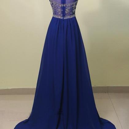 Royal Blue A Line Beaded Long Prom Dress With Cap..
