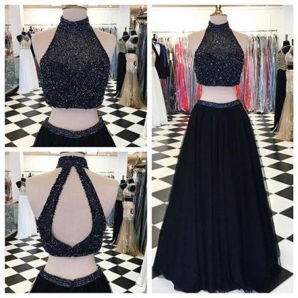 Black Beaded Prom Dress,two Piece Long Prom..