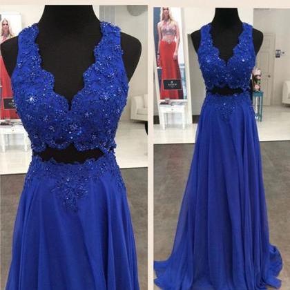 V-neck Royal Blue A-line Prom Dress,evening Dress