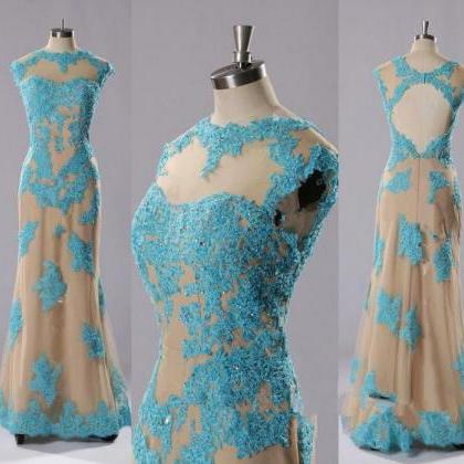 Blue Applique Mermaid Prom Dress,long Prom Dresses
