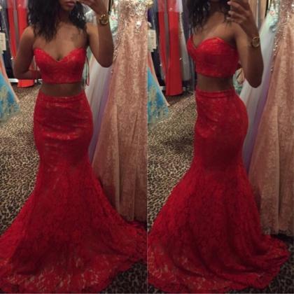 Red Two Pieces Mermaid Lace Prom Dr..