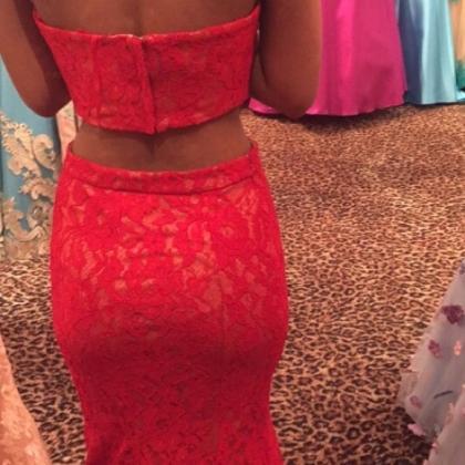 Red Two Pieces Mermaid Lace Prom Dr..