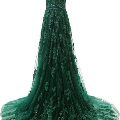 Forest Green Lace Appliqués Tulle Floor Length..