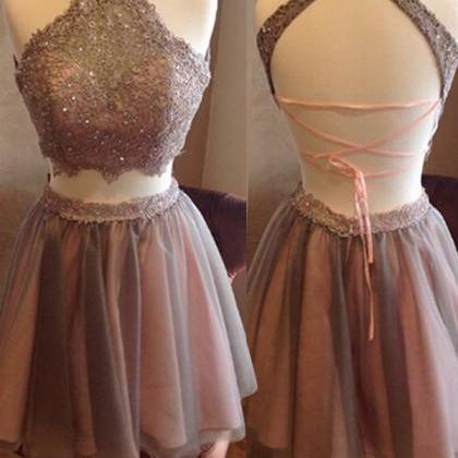 Short Two Piece Halter Lace Beads Homecoming Prom..