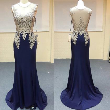 Gold Lace Appliques Long Navy Blue Mermaid Prom..