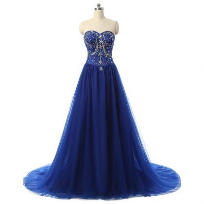 Royal Blue Strapless Sweetheart Long Prom Dress..