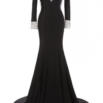 Black Sexy Long Prom Dresses, Long Sleeves Evening..