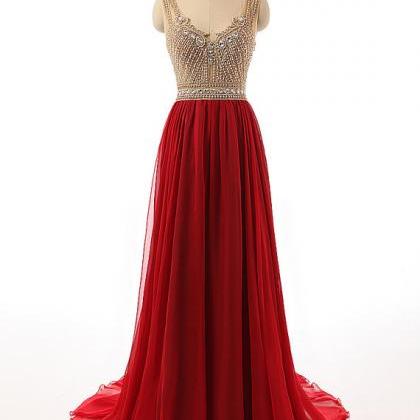 Red Sleeveless V-neck Beaded Long Prom Dress With..