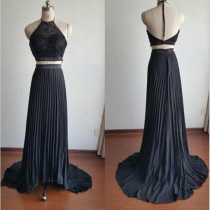Two Pieces Prom Dress,high Neck Prom Dress,beading..