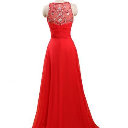 Crystals Scoop Chiffon Red Long Prom Dresses Fast..