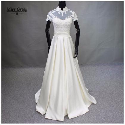 Sheer High Neckline Stain Short Wedding Dress Real..