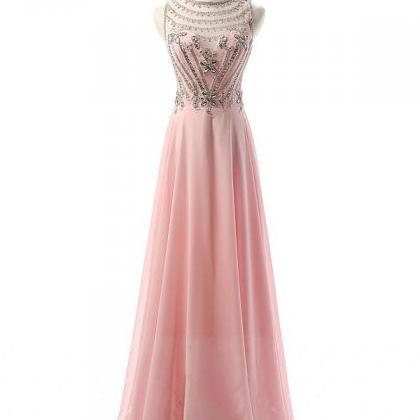 Pink Scoop Neck Chiffon Tulle With Crystal..