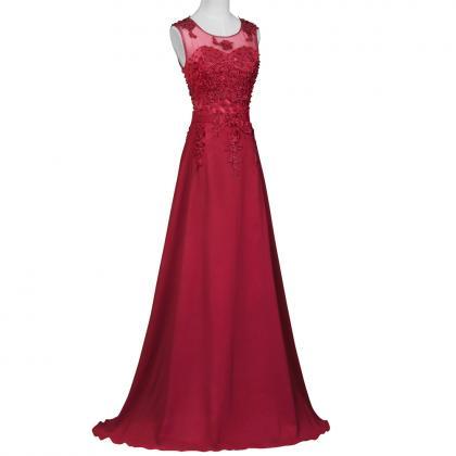 Burgundy Floor Length Chiffon A-line Evening Dress..