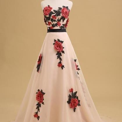 Rose Embroidered Floor Length Chiffon A-line Prom..