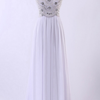 White Illusion Prom Dresses, Beaded Chiffon Prom..