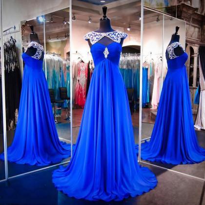 Royal Blue Prom Dress With Beaded Neckline, High..