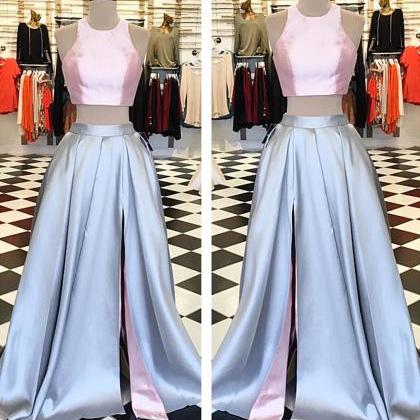 Pink Top Long Satin Two Piece Prom Dress,slit..