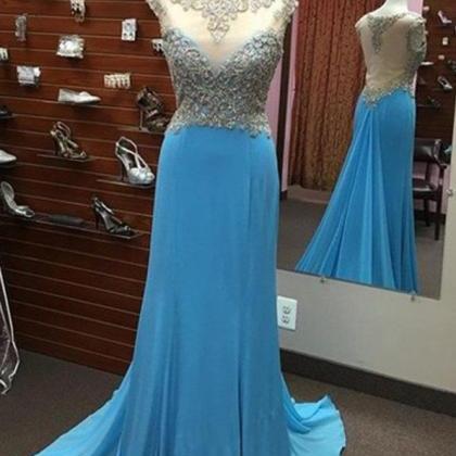 Bright Blue Lace Applique Long Chiffon Prom Dress..