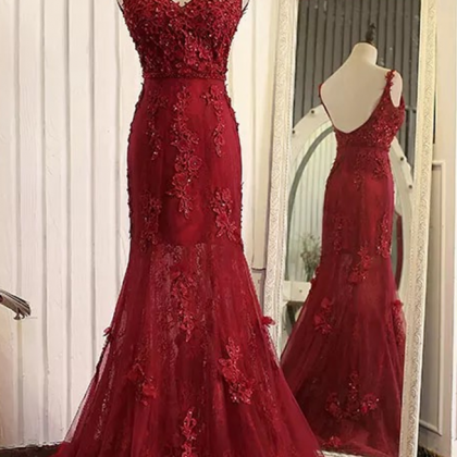 Mermaid Red Evening Dress,sleeveless Backless Prom..
