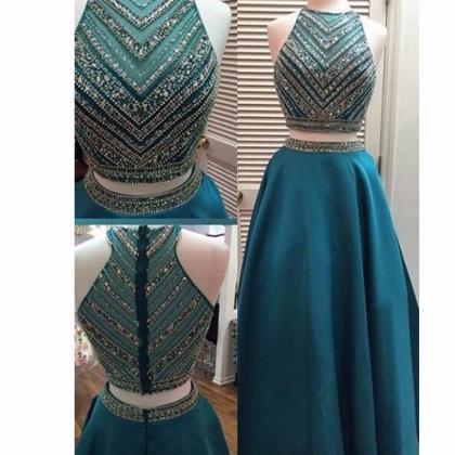 Evening Gowns 2017 Real Beading Long Prom Dresses Turquoise Sheer 2 Two