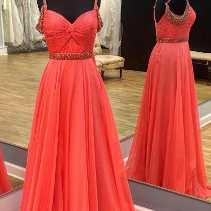 Beaded Straps Long Chiffon Coral Prom Dresses 2017..