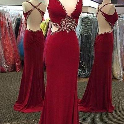 Dark Red Prom Dresses,backless Prom Dress,long..