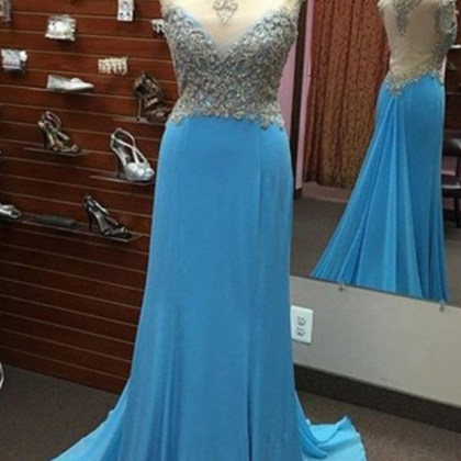 Blue Prom Dresses,long Prom Dress,see Through Back..
