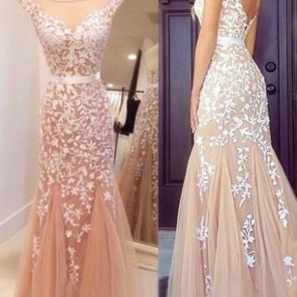 Champagne Formal Gown Long Prom Dress With White..