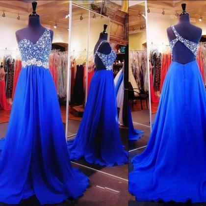 Royal Blue Prom Dresses Backless One Shoulder..