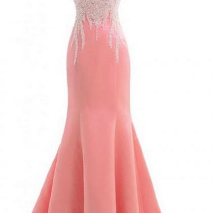 Pink Crop Neck Prom Dresses Mermaid With Sequin..